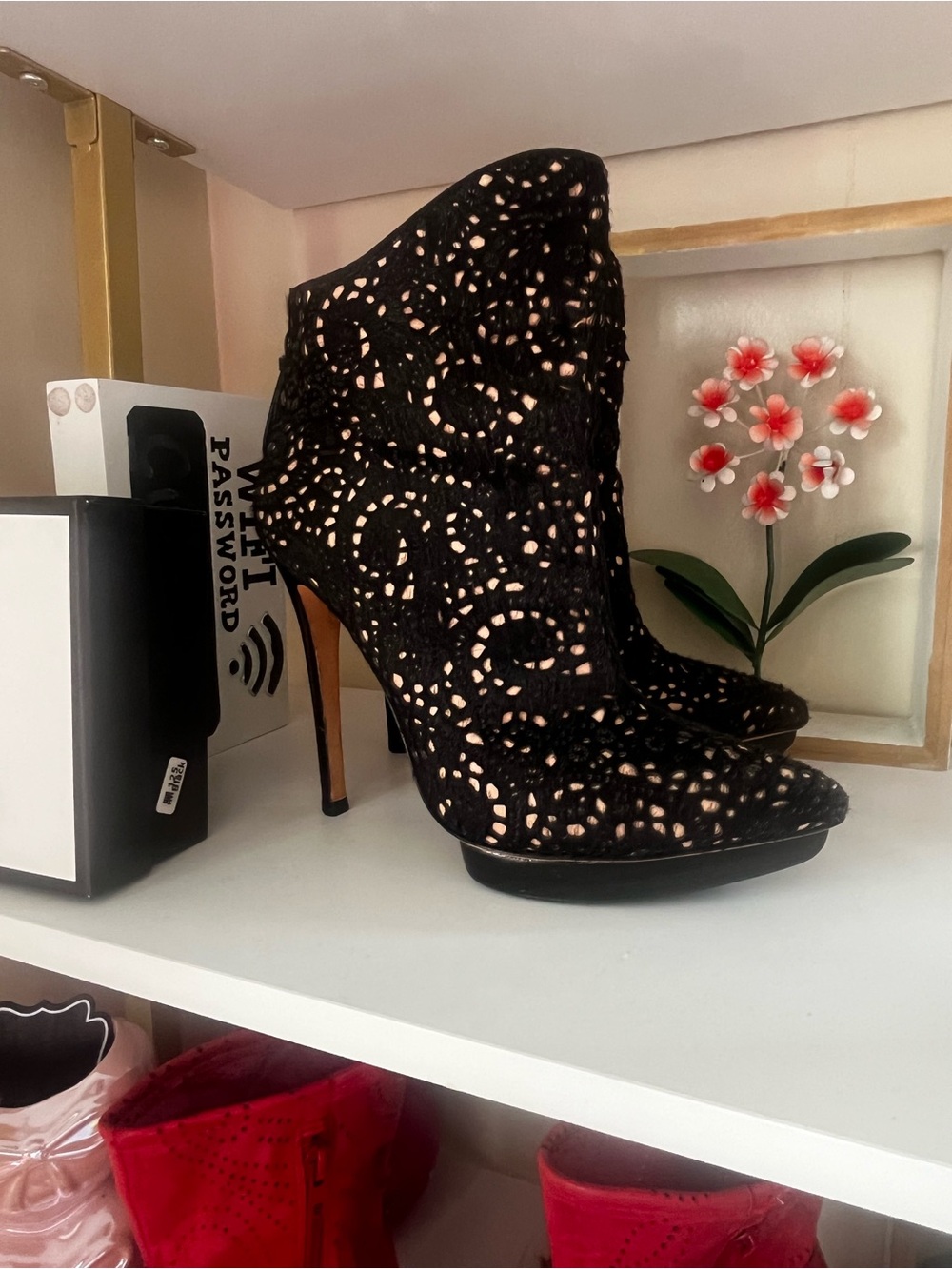 BCBG Black Laser-Cut Stiletto Ankle Booties with Nude Underlay